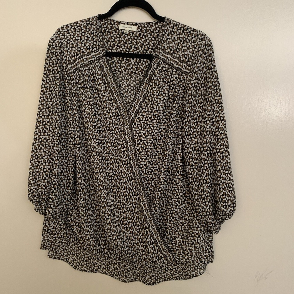Max Studio Women's Wrap Top 1X Geometric Prints Brown White Black Light High Low